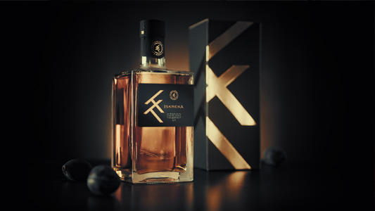 Product render of a whiskey bottle and box